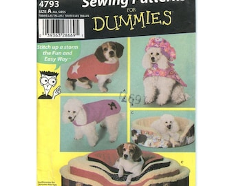 May include: Simplicity Sewing Patterns for Dummies pattern 4793 for dog accessories. The pattern includes instructions for making a dog coat, a dog hat, and a dog bed. The pattern is for all sizes.
