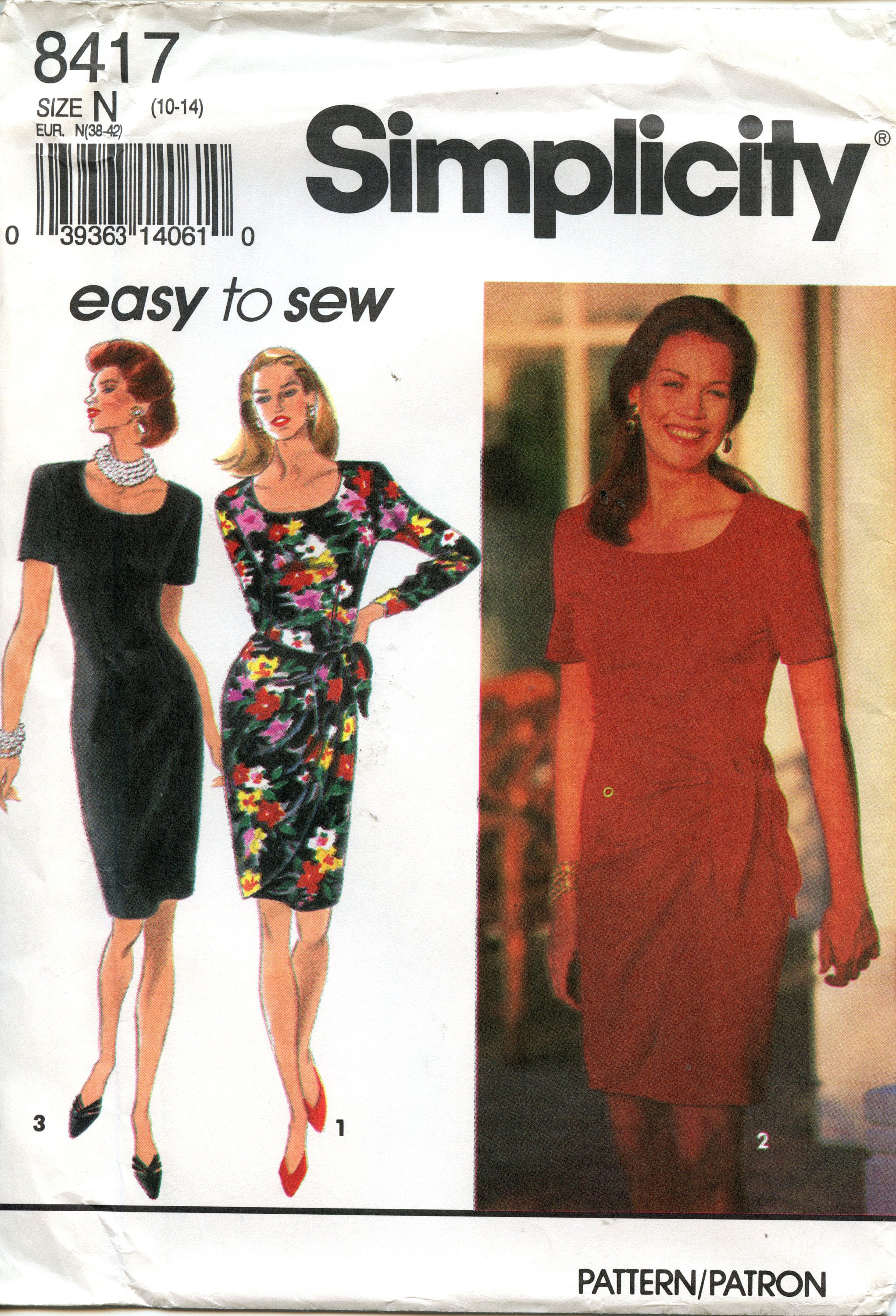 Simplicity Sewing Pattern 8417 Misses' Slim Dress With Tie on Front Drape,  Long or Short Sleeves Sizes 10-12-14 