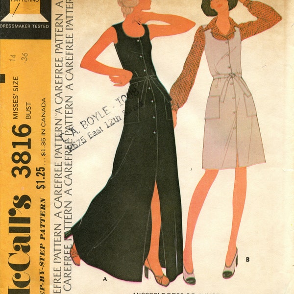Vintage McCall's Sewing Pattern 3816 Misses' Dress or Jumper A Halston Original Size 14 Bust 34" Cut and Complete