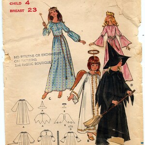 May include: A vintage sewing pattern for children's costumes. The pattern includes instructions for making a witch, angel, and fairy costume. The pattern is for sizes 4-16.