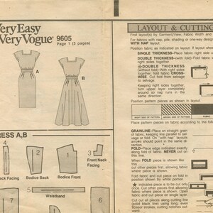 May include: A black and white sewing pattern for a dress with a skirt and bodice. The pattern includes instructions for cutting and sewing the fabric. The pattern is labeled "Very Easy Very Vogue 9605".