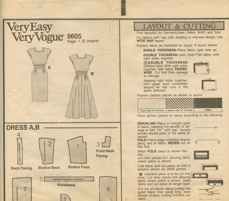 May include: A black and white sewing pattern for a dress with a skirt and bodice. The pattern includes instructions for cutting and sewing the fabric. The pattern is labeled "Very Easy Very Vogue 9605".