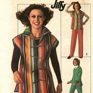 May include: A sewing pattern for a vest and pants. The pattern is for size 10 and features a striped vest with a collar and a pair of pants. The pattern is from Simplicity and is called "Jiffy".