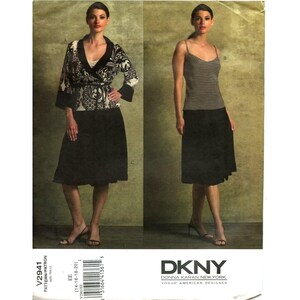 May include: A sewing pattern envelope for DKNY Donna Karan New York featuring two garment variations: a black and white patterned wrap jacket with a black skirt, and a sleeveless patterned camisole top paired with a matching black skirt.