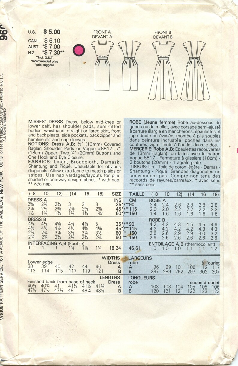 May include: A sewing pattern for a dress with a semi-fitted bodice, straight or flared skirt, front and back pleats, side pockets, back zipper and hemline slit and cap sleeves. The pattern includes instructions for sizes 8 to 18. The pattern is for misses' and women's sizes.