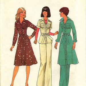 May include: Simplicity pattern 7649, featuring three vintage fashion designs. The illustration shows a long-sleeved dress with star accents, a two-piece outfit with a short-sleeved top, and a long-sleeved dress with matching trousers. The pattern is size 8.