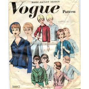 May include: Vintage Vogue sewing pattern for a basic jacket design. The pattern number is 3007. The pattern shows different styles of jackets in various colours, including blue, red, and green.
