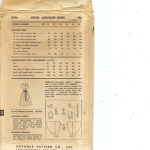 Vintage Advance Sew-easy Sewing Pattern 8296 Misses' Sleeveless Dress ...