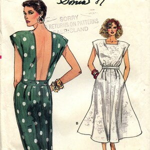 May include: A sewing pattern for two dresses, one with a green and white polka dot print and the other with a white floral print. The pattern is for sizes 14-16-18. The pattern is called "Very Easy Very Vogue" and is from "Sonia 87".