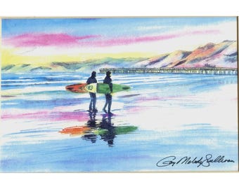 Two Surfers Watercolor Print By Gay Melody Sullivan With Coastal Scene & Vibrant Sunset – Matted 8x10