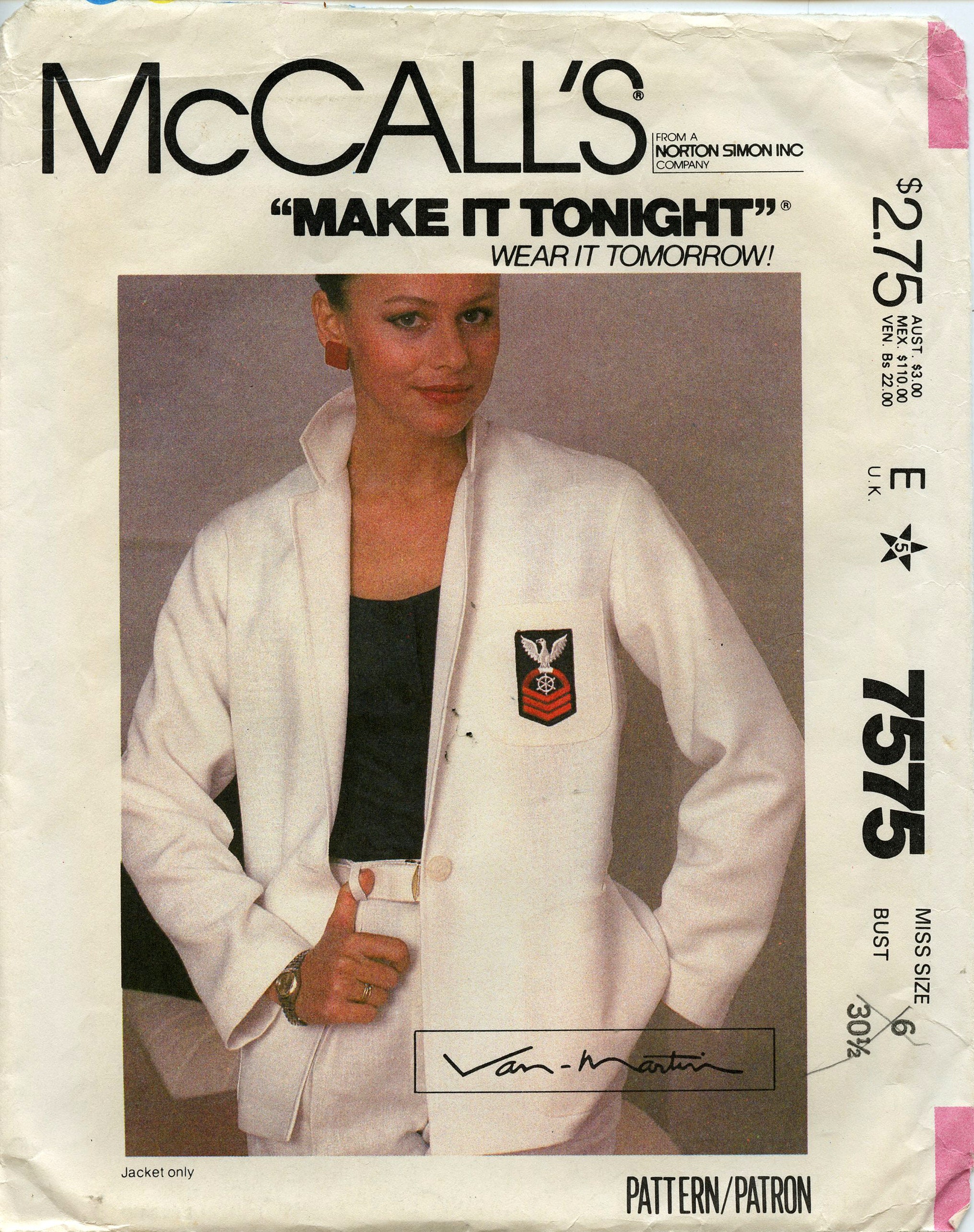 McCall's Sewing Pattern 7575 Misses' Nautical Jacket Van Martin Size 6 Bust 30 12 Uncut