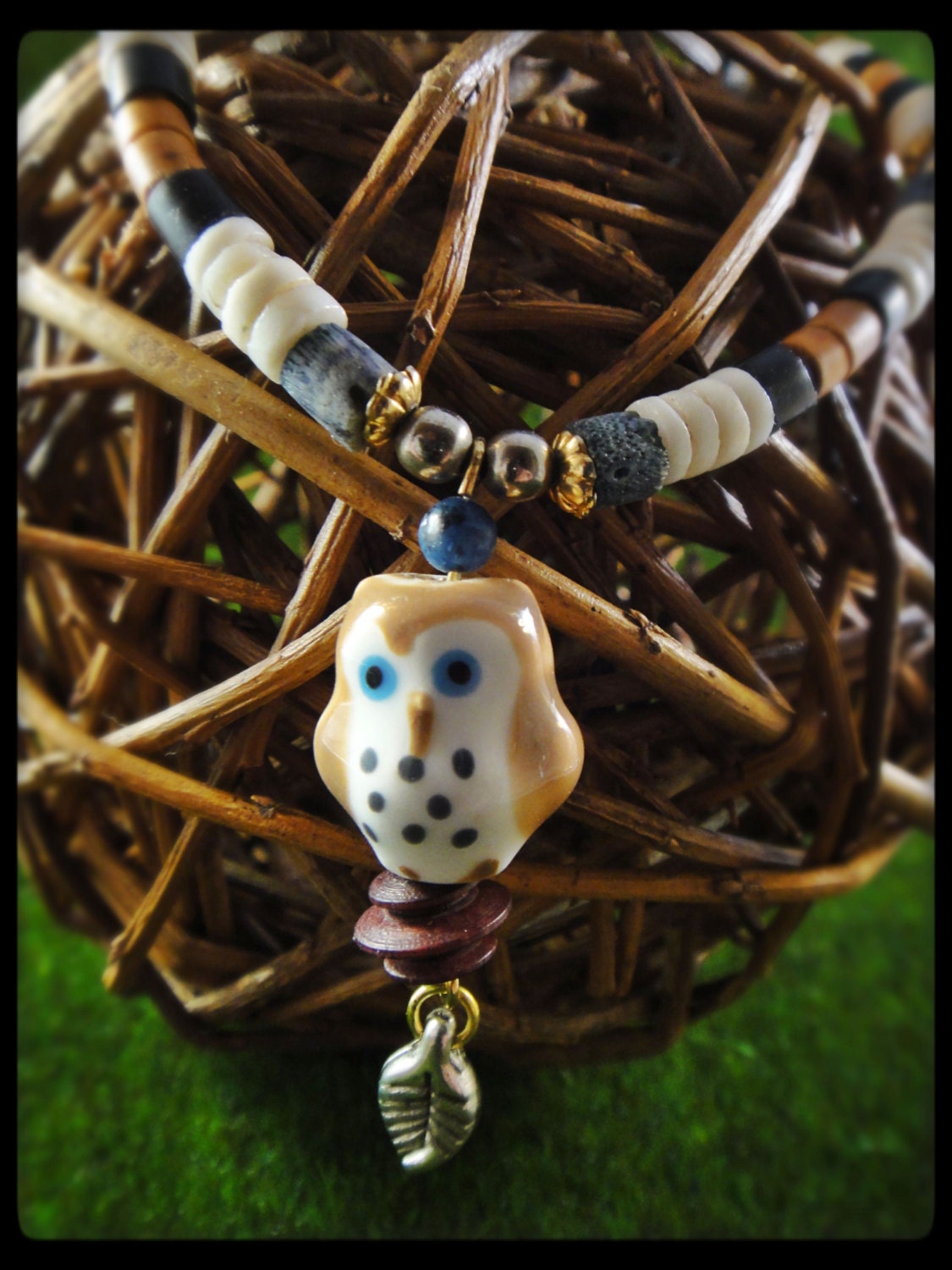 Repurposed Beaded Necklace: Tawny Owl Pendant