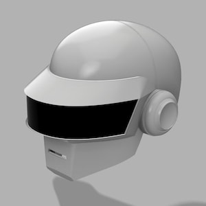 May include: A white plastic helmet with a black visor and a white earpiece. The helmet is designed to resemble a robot head.