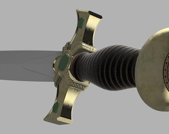 Op de afbeelding: Een gouden en groen zwaard met een gedetailleerd handvat en een ronde knop. De knop heeft een cirkelvormig ontwerp met een groene edelsteen in het midden.