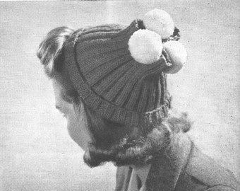 1940-talet, stickad mössamönster, ribbstickning, stickmönster, vintagemönster, stickad mössa, mössmönster, direktnedladdning, pdf-mönster