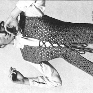 May include: A crochet vest with a lace-up front and a matching crochet cloche hat. The vest is a light brown color and has a loose fit. The hat is a close-fitting style.  CROCHET VEST AND CLOCHE A-846