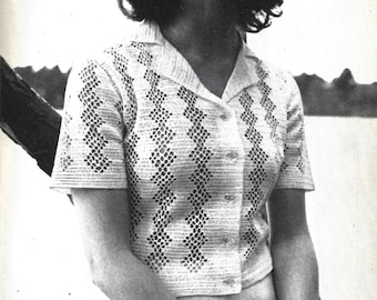Crochet Top Pattern, Filet Lace, pdf, instant download,  Collar, Buttoned Down, short sleeve