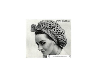 Crochet Hat Pattern, Slouchy Hat with bow, Snood, 1970s, Vintage, INSTANT DOWNLOAD, PDF