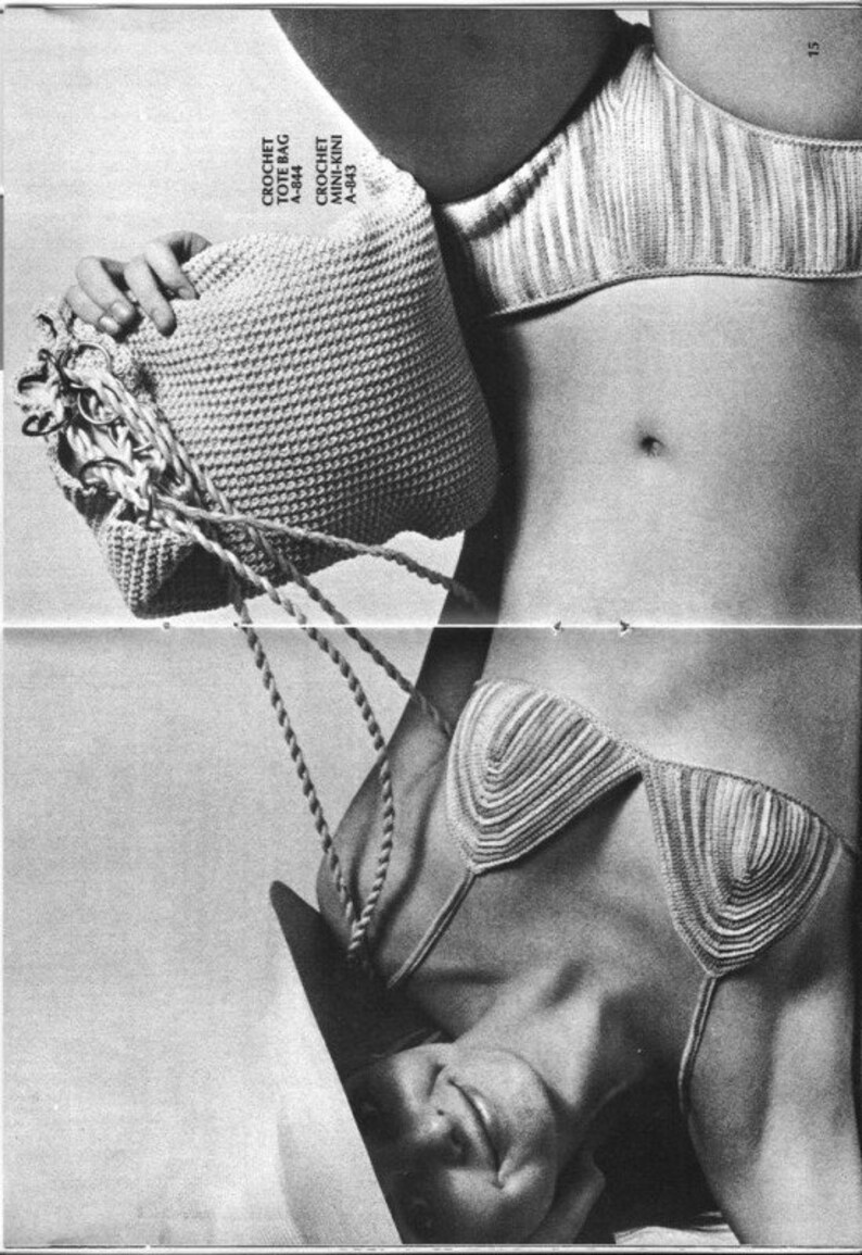 May include: A black and white photo of a woman wearing a crocheted bikini top and bottom. She is holding a crocheted tote bag. The text on the page reads "CROCHET TOTE BAG A-844 CROCHET MINI-KINI A-843"