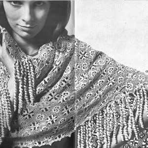 Crochet Pattern, Lace Shawl with fringe, 1970s, vintage, pdf,  instant download
