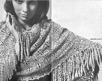 Crochet Pattern, Lace Shawl with fringe, 1970s, vintage, pdf,  instant download