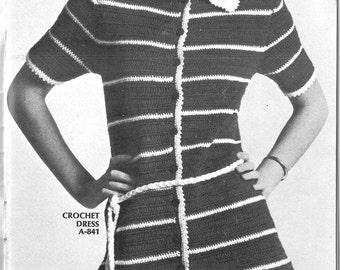 Vintage jaren 1970 gestript gehaakt jurkpatroon voor dames, PDF direct downloaden