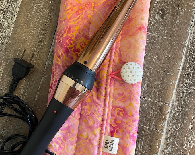 Hot hair iron travel pouch: curling iron, flat iron, insulated bag; Pink Island Batik print