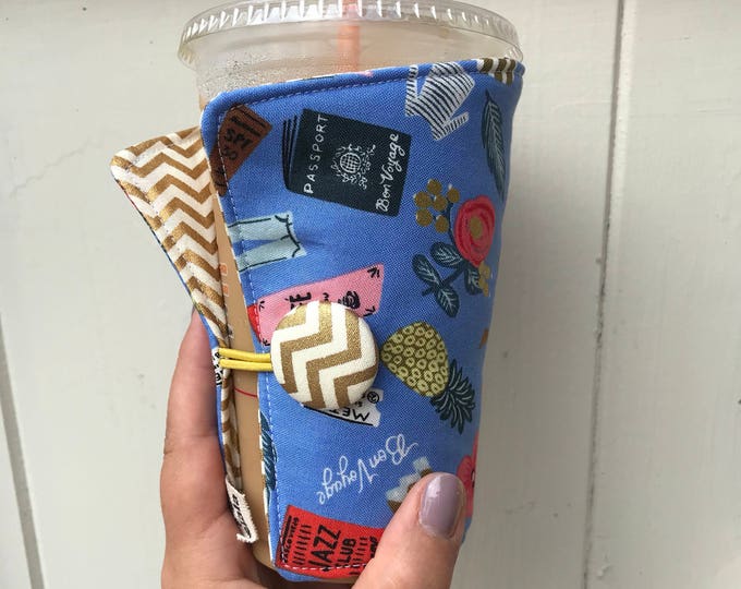 Coffee Cozy-fits all size hot/iced drinks Pattern: Bon Voyage!