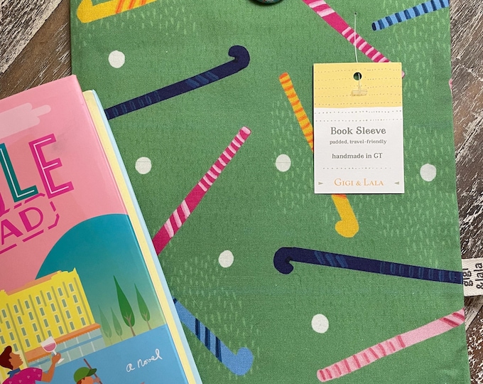 Padded book pouch: Field Hockey Fun print, book sleeve, book cozy