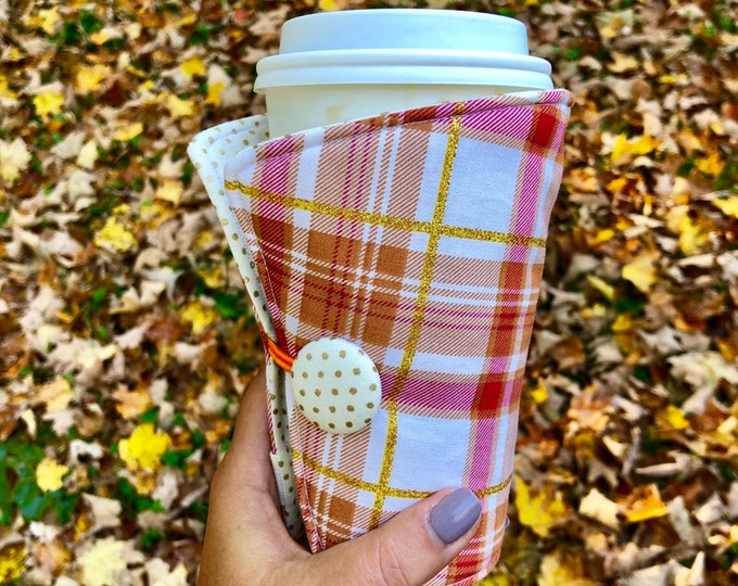 Coffee Cozy-fits all size hot/iced drinks Pattern: Pumpkin Spice Plaid