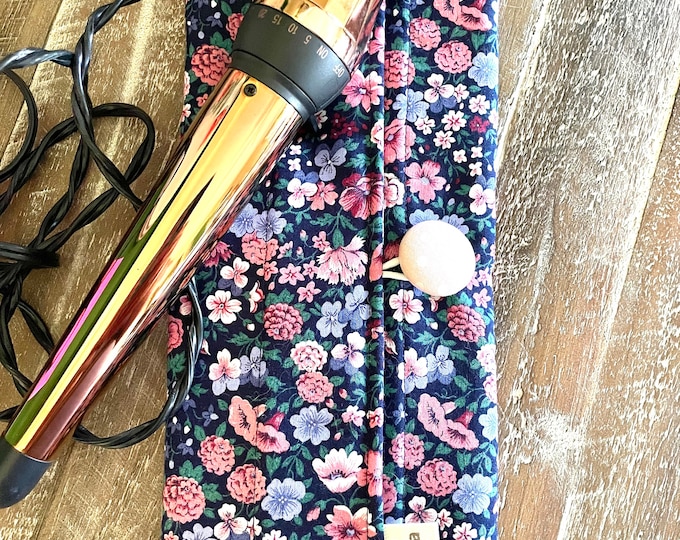 Hot hair iron travel pouch: curling iron, flat iron, insulated bag; Midnight Country Rose print