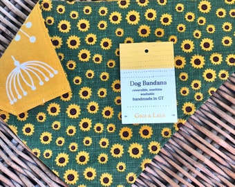 Dog bandana/Pet bandana/Cat bandana, Reversible, slips on collar, slide on collar, sunflowers, mustard floral