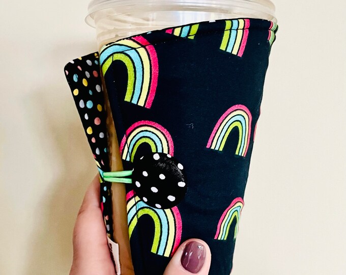 Coffee Cozy-fits all size hot/iced drinks Pattern: Rainbow in the Darkness