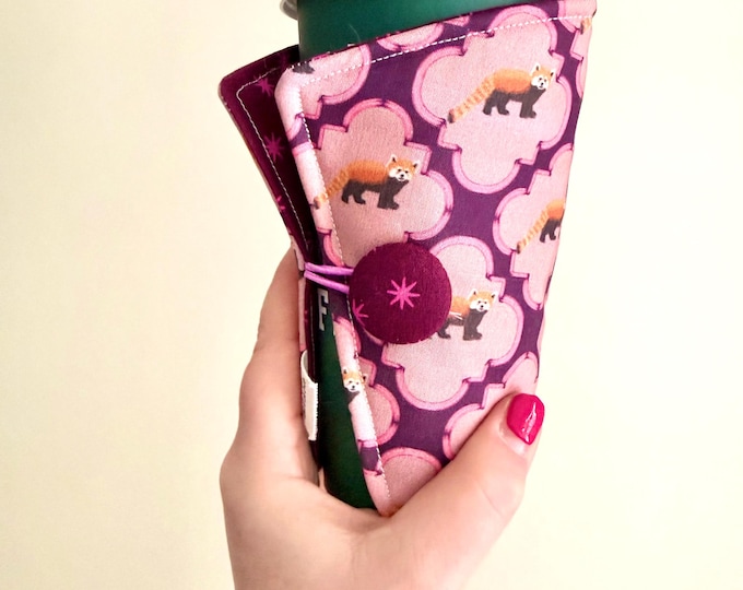 Coffee Cozy-fits all size hot/iced drinks Pattern: Red Panda Parade on Plum
