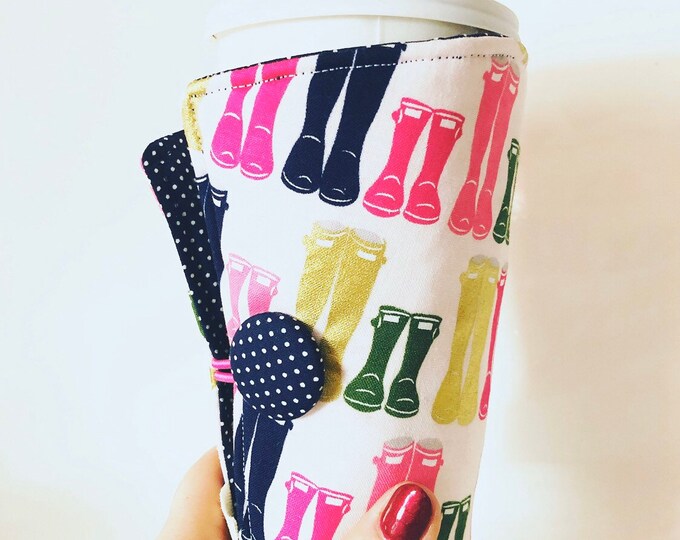 Coffee Cozy-fits all size hot/iced coffees Pattern: Preppy Pink Wellies, cozie, coffee sleeve, drink sleeve, insulated