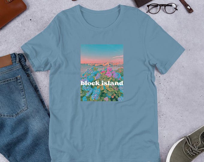 Block Island, Rhode Island t-shirt: Hydrangeas in the Harbor