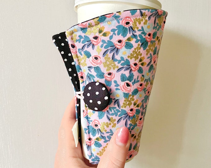 Coffee Cozy-fits all size hot/iced drinks Pattern: Pastel Pink Posies