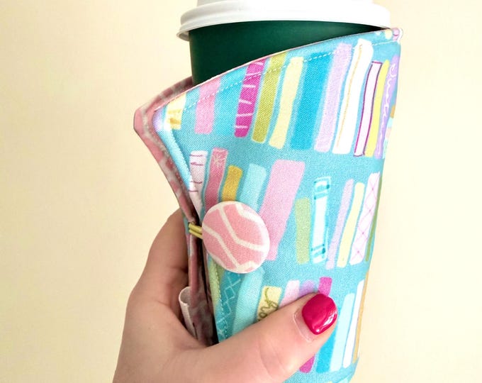 Coffee Cozy-fits all size hot/iced drinks Pattern: Integrity Bookshelf