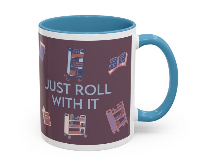 Just Roll With It Book Cart Pattern Mug | Library Reading Coffee Mug