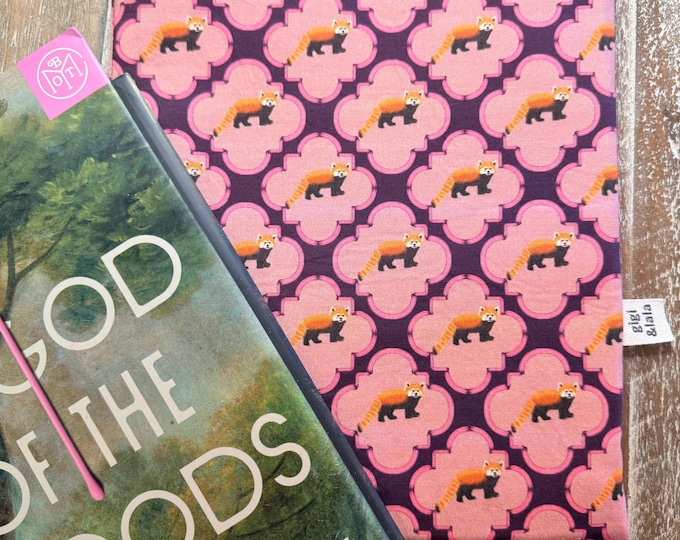 Handmade Padded Book Sleeve: Red Panda parade on Plum hand-drawn Print