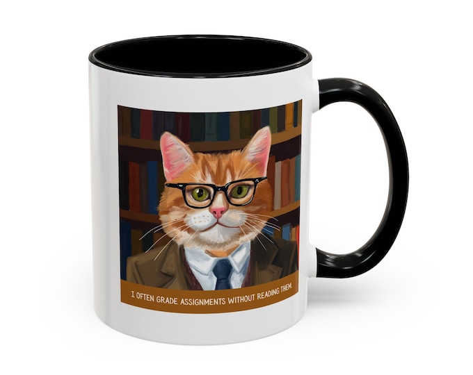 Funny Cat Teacher Mug, Vintage Style Animal Portrait Coffee Cup (11oz, 15oz)