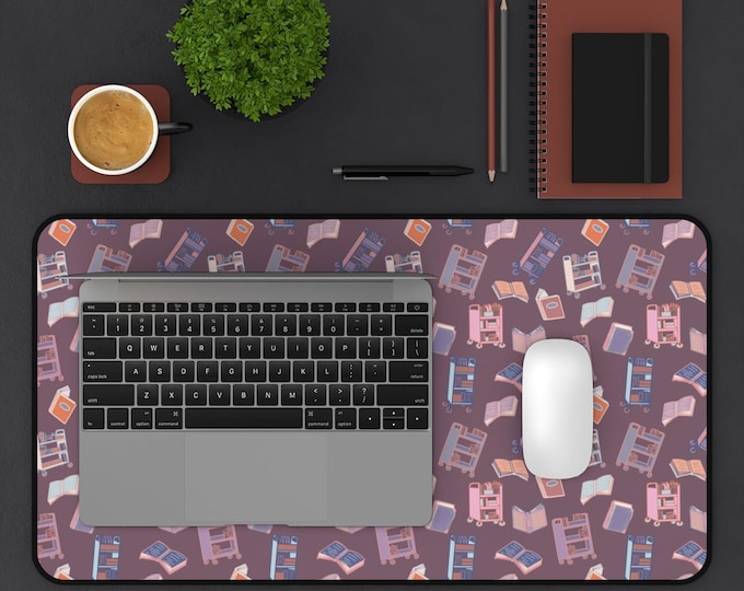 Book Cart Pattern Desk Mat | Hand-drawn Library Theme on Lilac