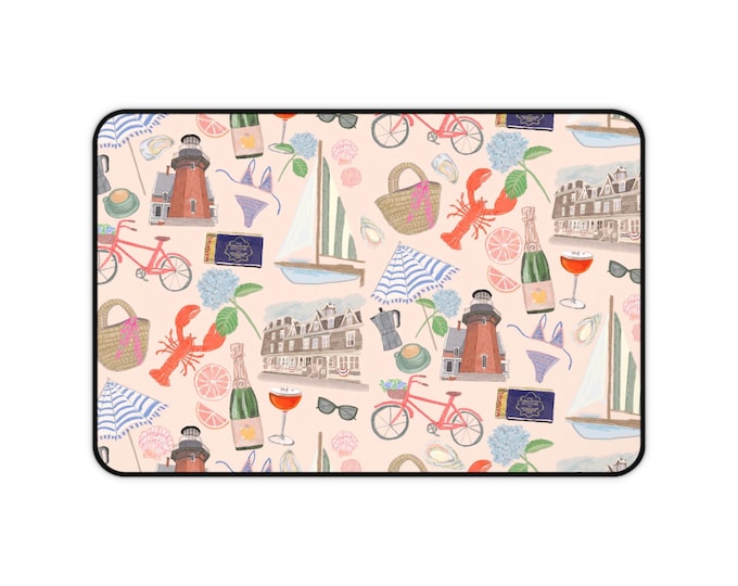 New England Summer Pattern Desk Mat | Hand-drawn Lighthouse, Lobster, Sailboat