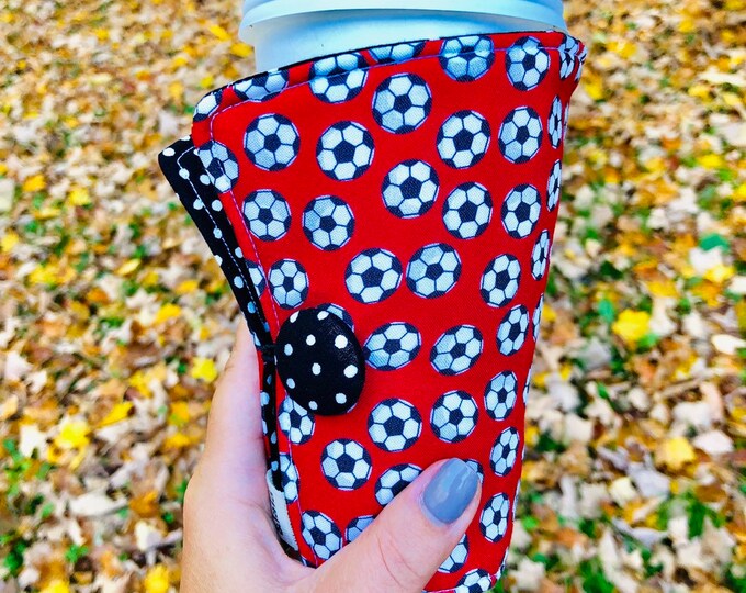 Coffee Cozy-fits all size hot/iced drinks Pattern: Super Soccer