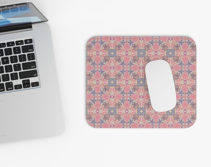 Seashell Pattern Mouse Pad | Pink Coral Starfish Nautical Desk Mat