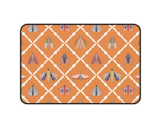 Vintage Moths Pattern Desk Mat | Orange Insect Graphic Mouse Pad