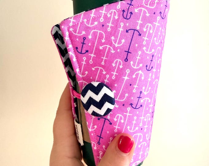 Coffee Cozy-fits all size hot/iced drinks, Pattern: Anchors All Around