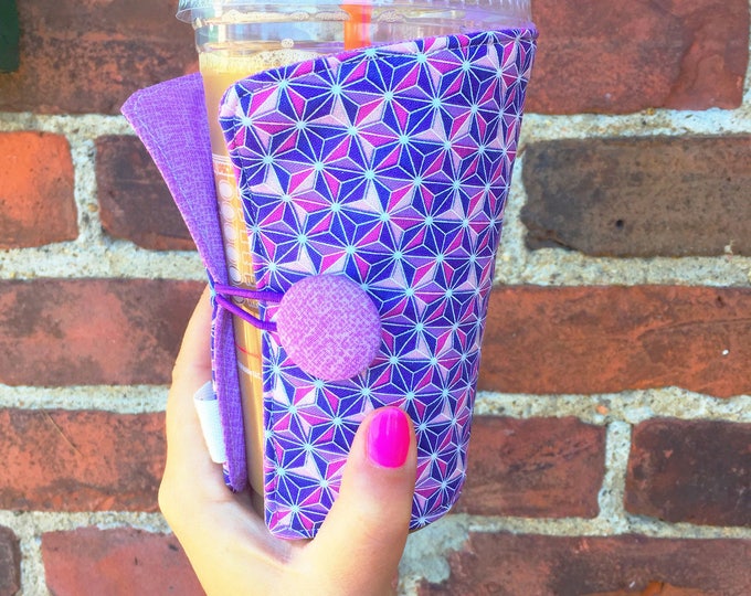 Coffee Cozy-fits all size hot/iced coffees: Purple Pinwheels, cozie, coffee sleeve, drink sleeve, insulated