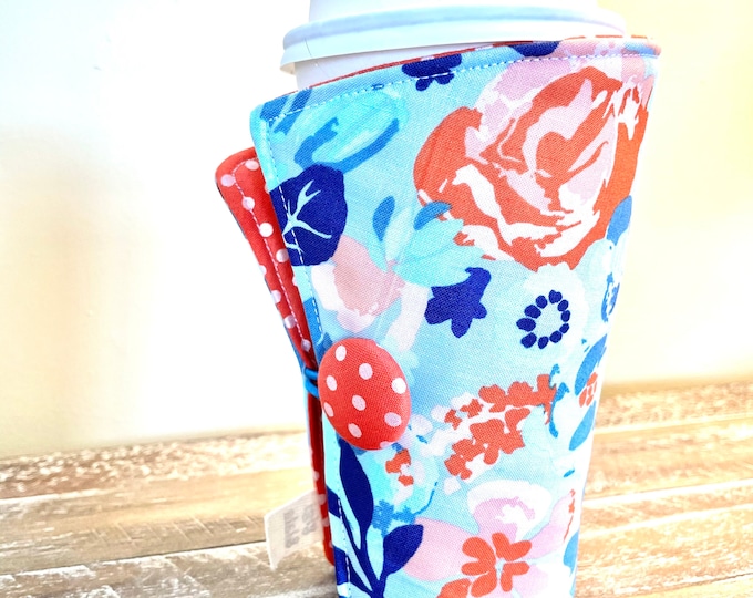 Coffee Cozy-fits all size hot/iced drinks Pattern: Blue Blooms