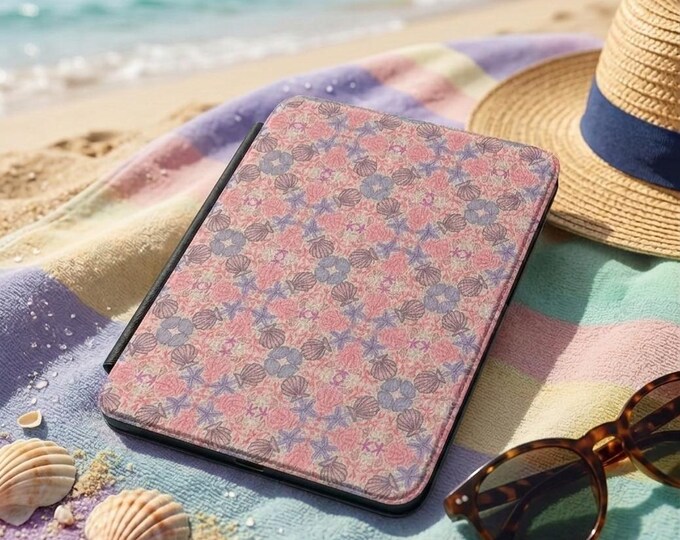 Pink Seashell Kindle Case | Hand-drawn Nautical Pattern | Fits Kindle 7” models